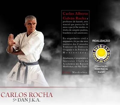 Cartaz de curso com o Sensei Carlos Rocha, 5º Dan JKA, realizado pela Associação Budô-Kan de Karatê