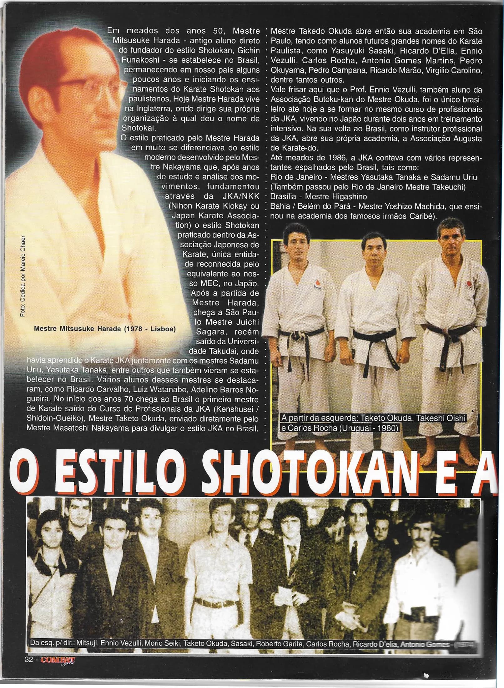 Página 32 da revista Combat Sport com o texto de abertura e fotos de Mitsusuke Harada e da equipe Butoku-kan em 1974