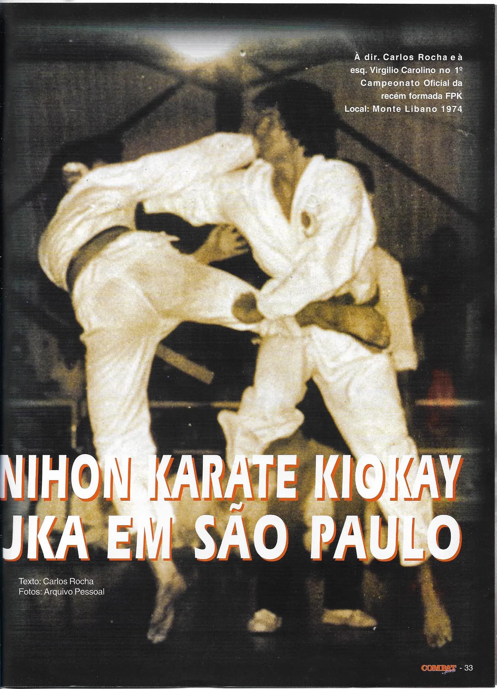 Página 33 da revista Combat Sport com foto de Carlos Rocha e Virgilio Carolino no 1º Campeonato Oficial da FPK, em 1974