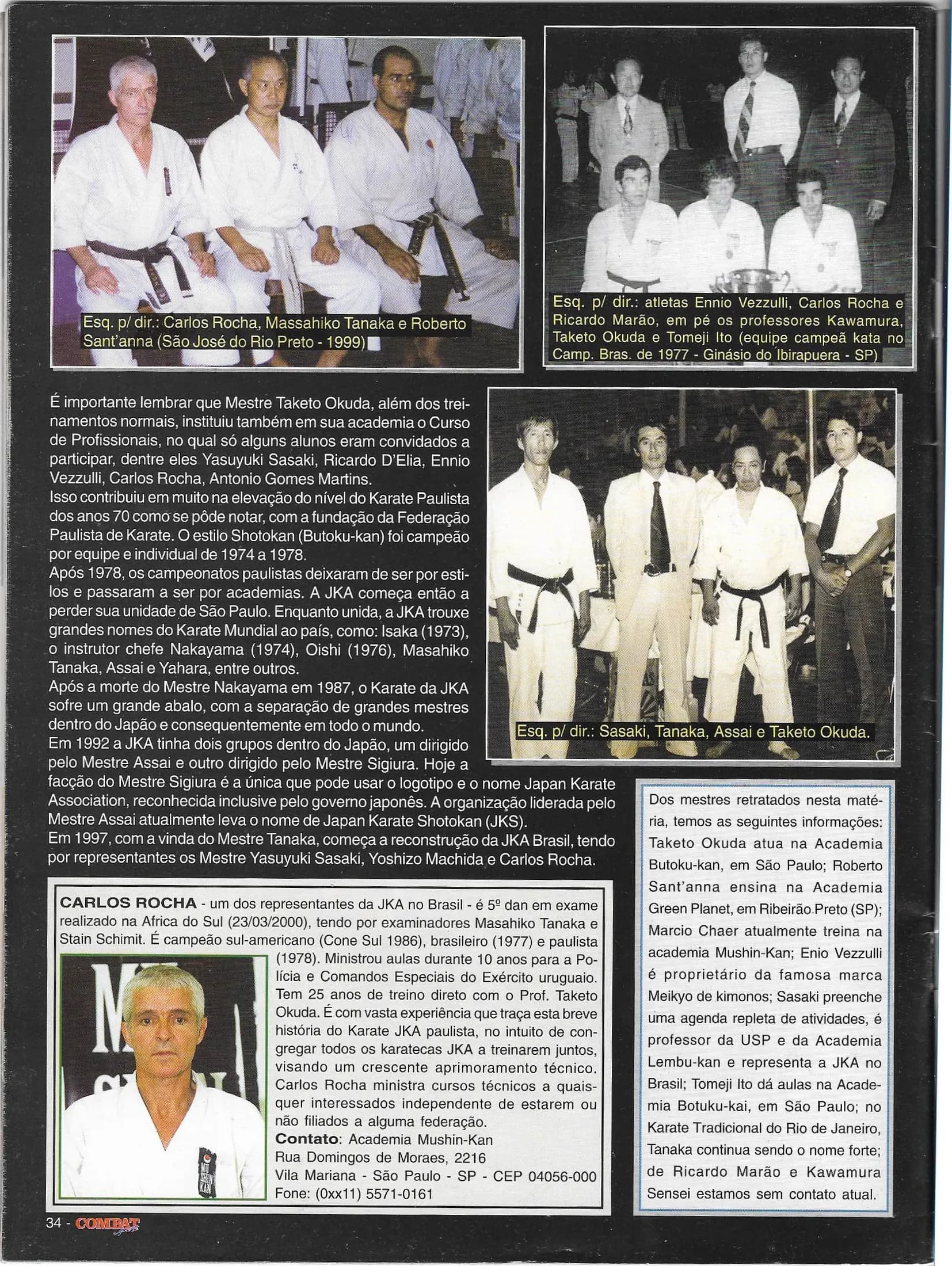 Página 34 da revista Combat Sport com fotos de mestres da JKA e o perfil do Sensei Carlos Rocha