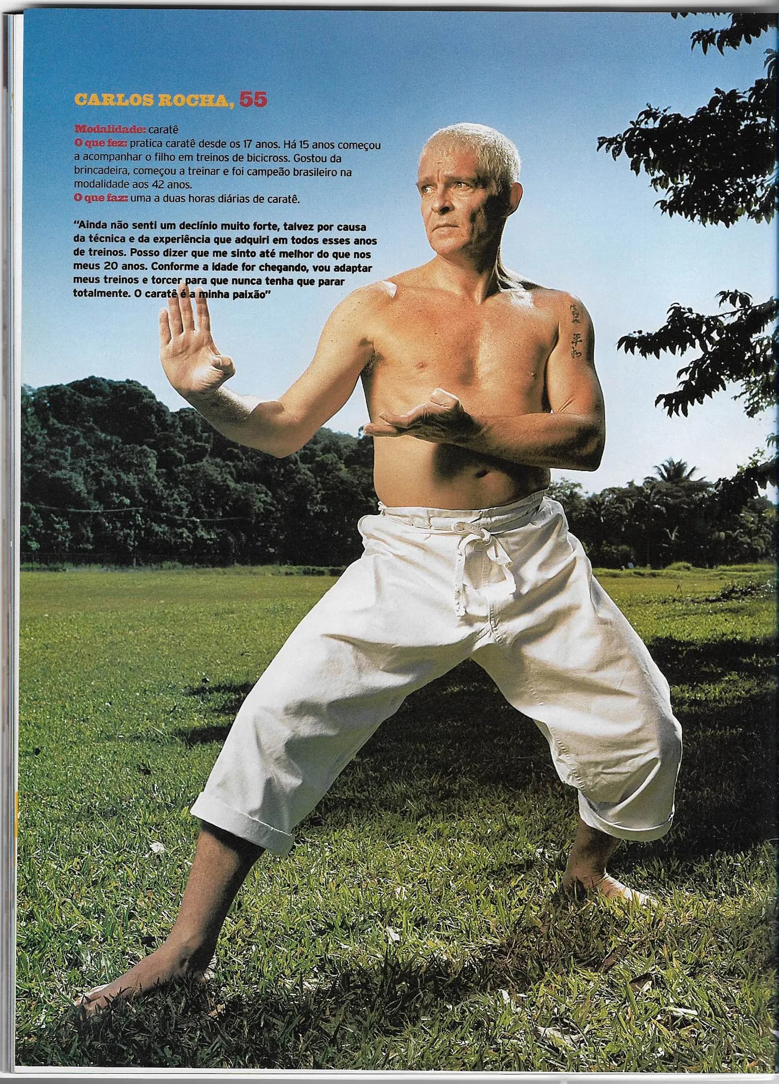 Página da revista Go Outside com o Sensei Carlos Rocha, aos 55 anos, em postura de karatê ao ar livre e o perfil Carlos Rocha, 55