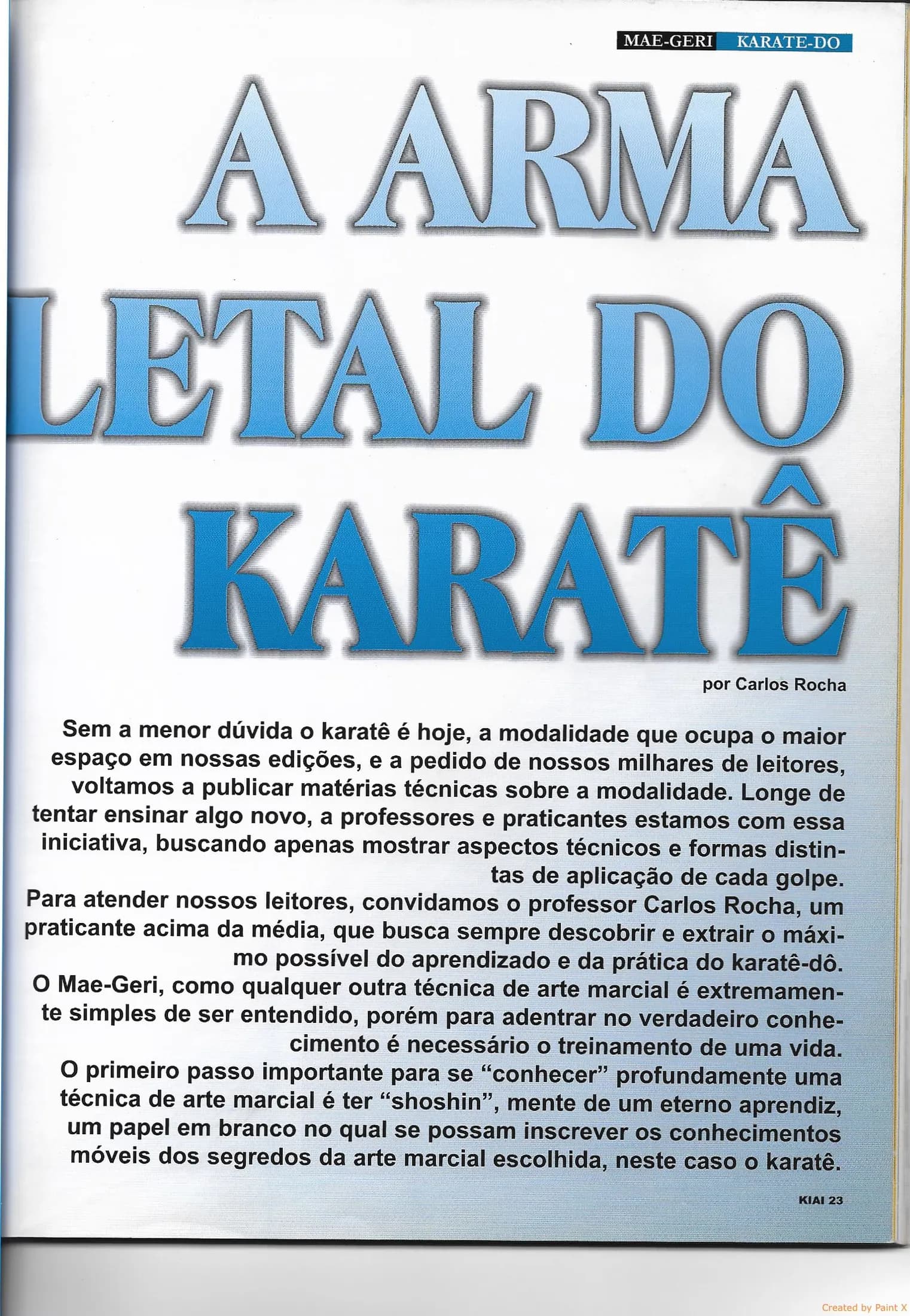 Página 23 da revista Kiai com o título A arma letal do karatê e o texto de introdução por Carlos Rocha