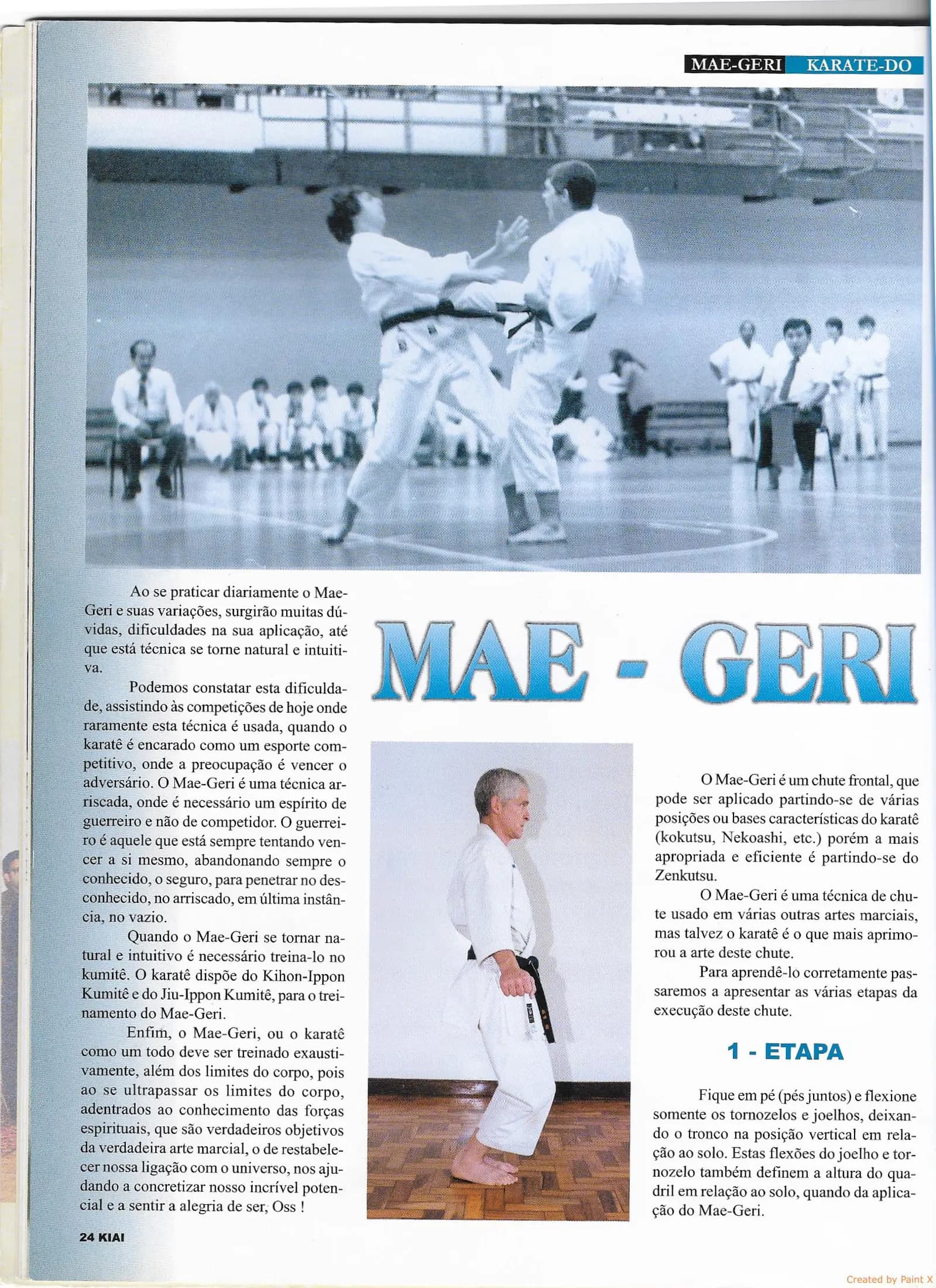Página 24 da revista Kiai com foto de competição e o Sensei Carlos Rocha demonstrando a primeira etapa do Mae-Geri