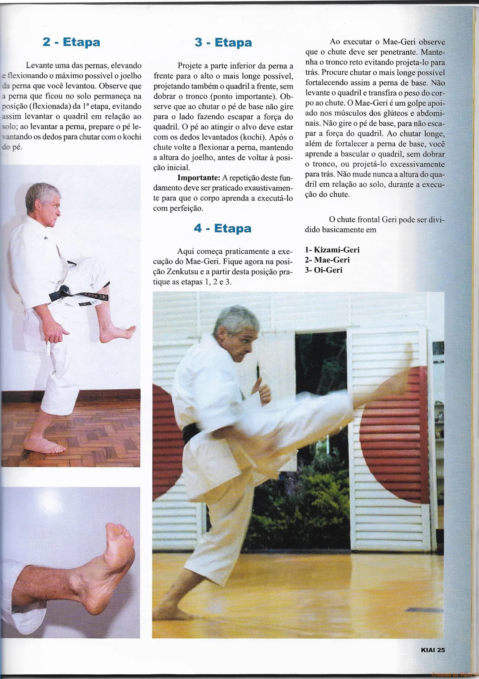 Página 25 da revista Kiai com as etapas 2 a 4 do Mae-Geri e foto do Sensei executando o chute