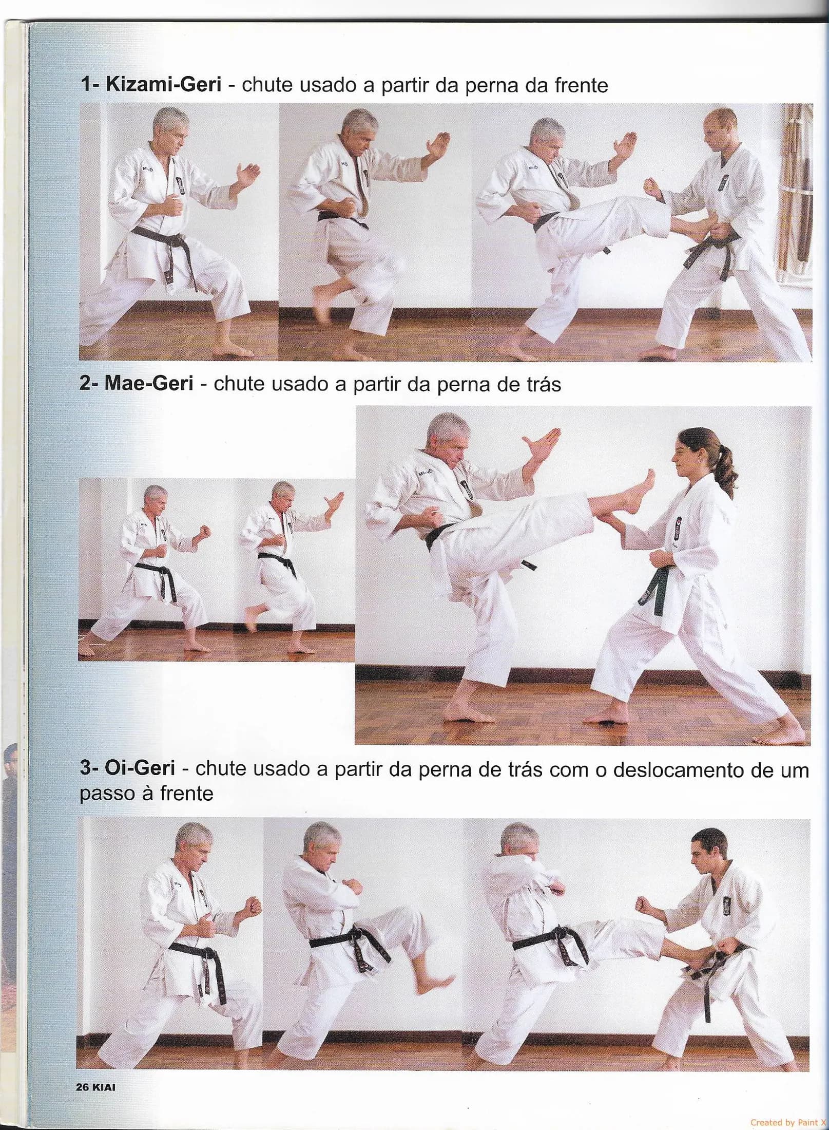 Página 26 da revista Kiai com sequências de fotos do Kizami-Geri, Mae-Geri e Oi-Geri