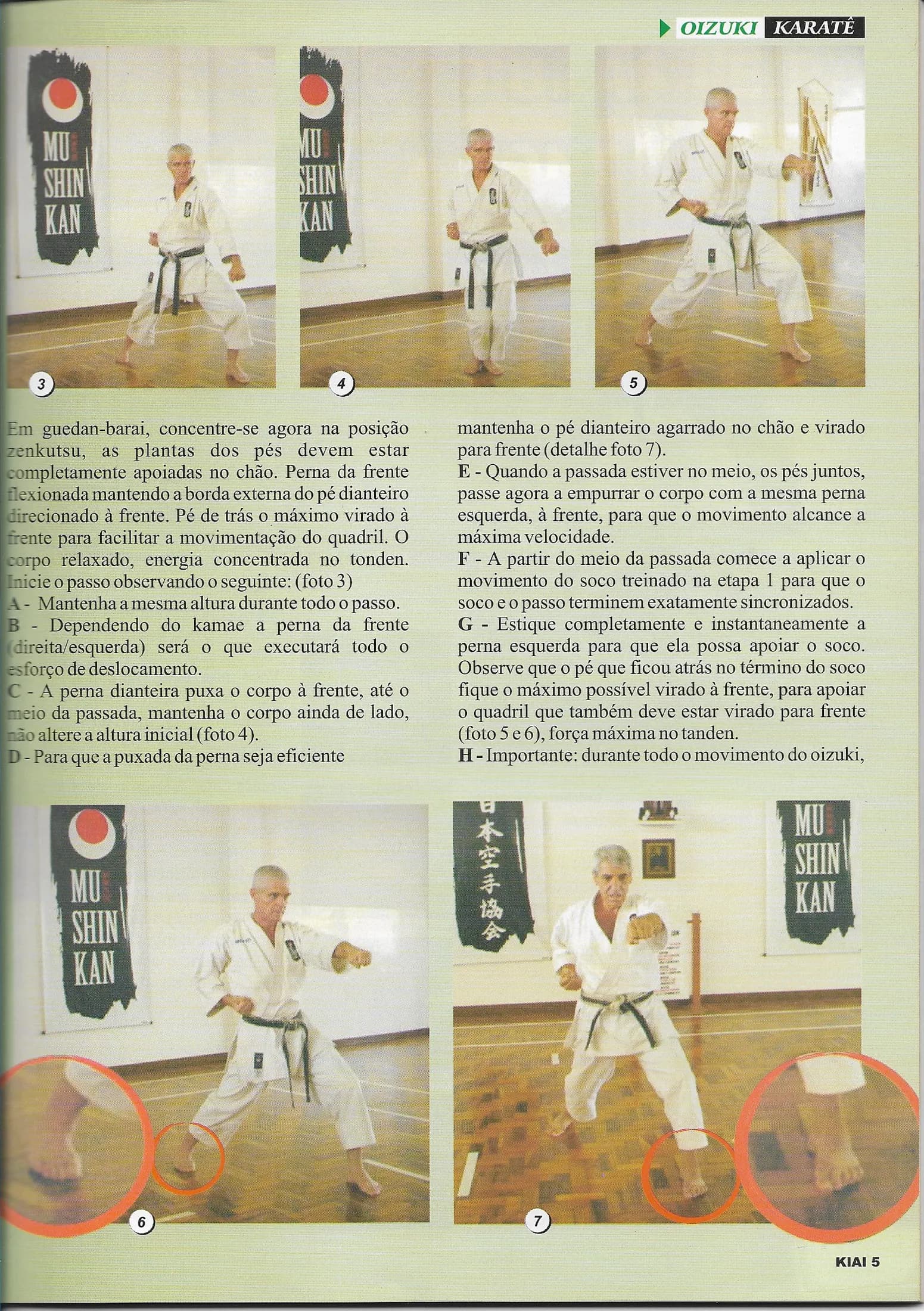 Página 5 da revista Kiai com fotos numeradas do Sensei Carlos Rocha executando o Oizuki no dojo Mushinkan