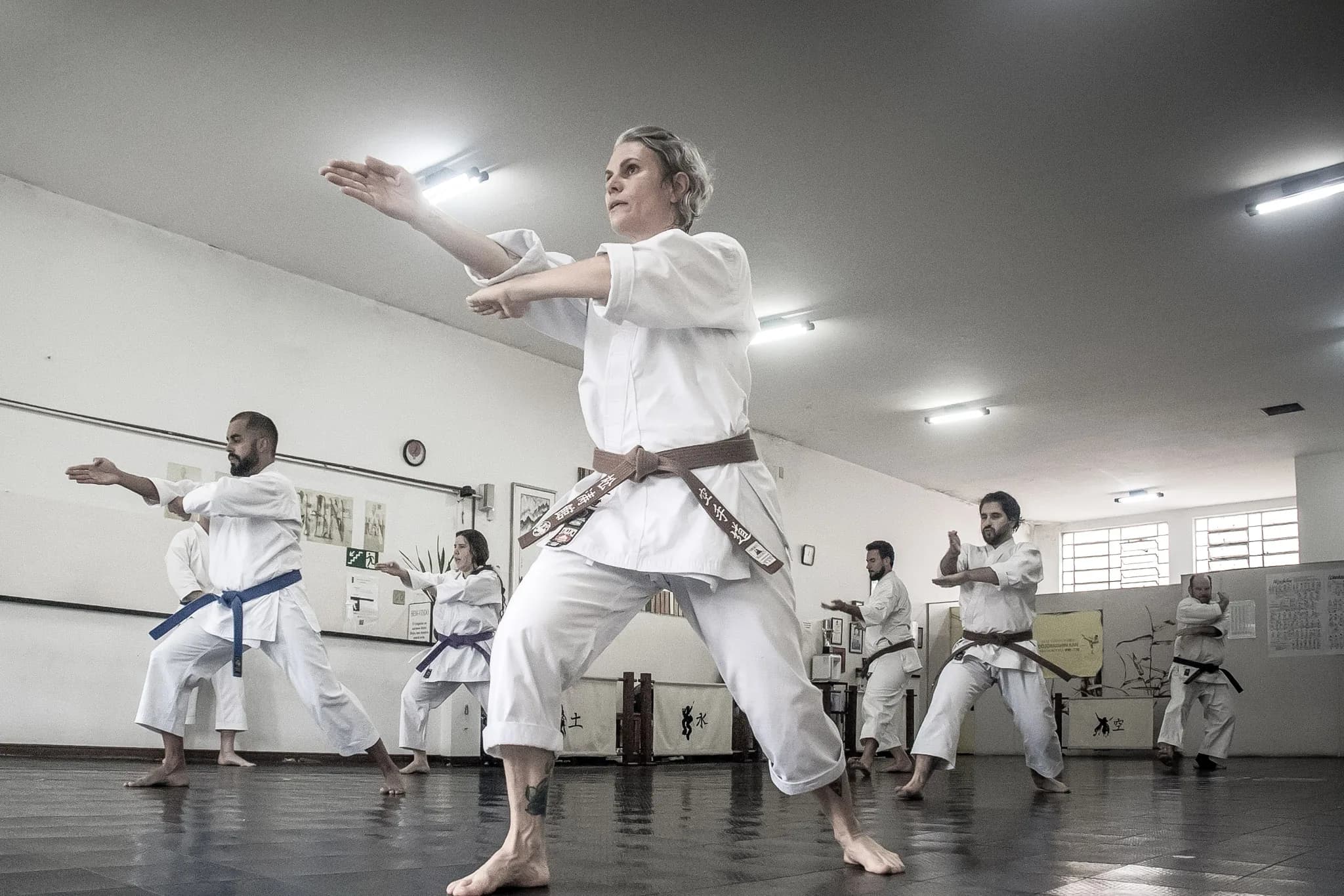 Alunos de faixas diferentes executando kata lado a lado durante a aula