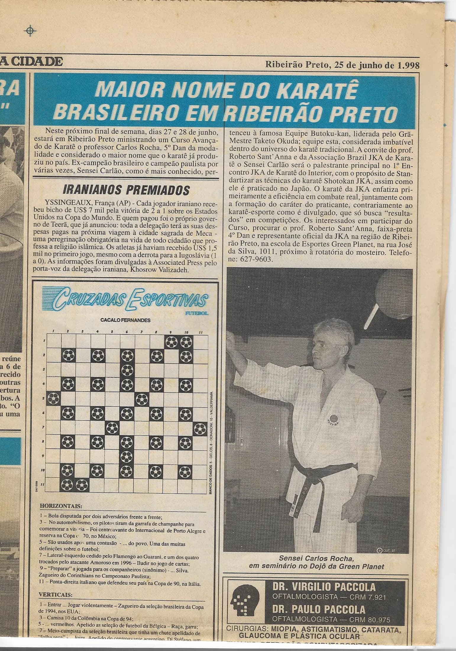 Página do jornal A Cidade de Ribeirão Preto de 25 de junho de 1998 com a manchete Maior nome do karatê brasileiro em Ribeirão Preto e foto do Sensei Carlos Rocha