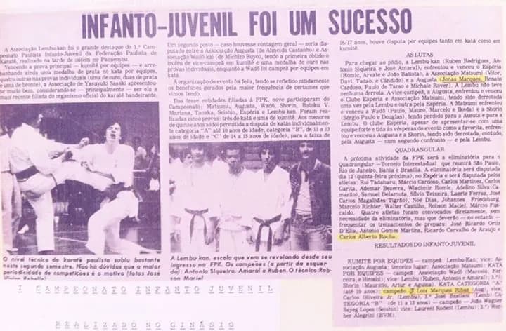 Recorte de jornal de 1978 com a manchete Infanto-juvenil foi um sucesso, fotos de lutas e o nome Carlos Alberto Rocha destacado na lista de convocados