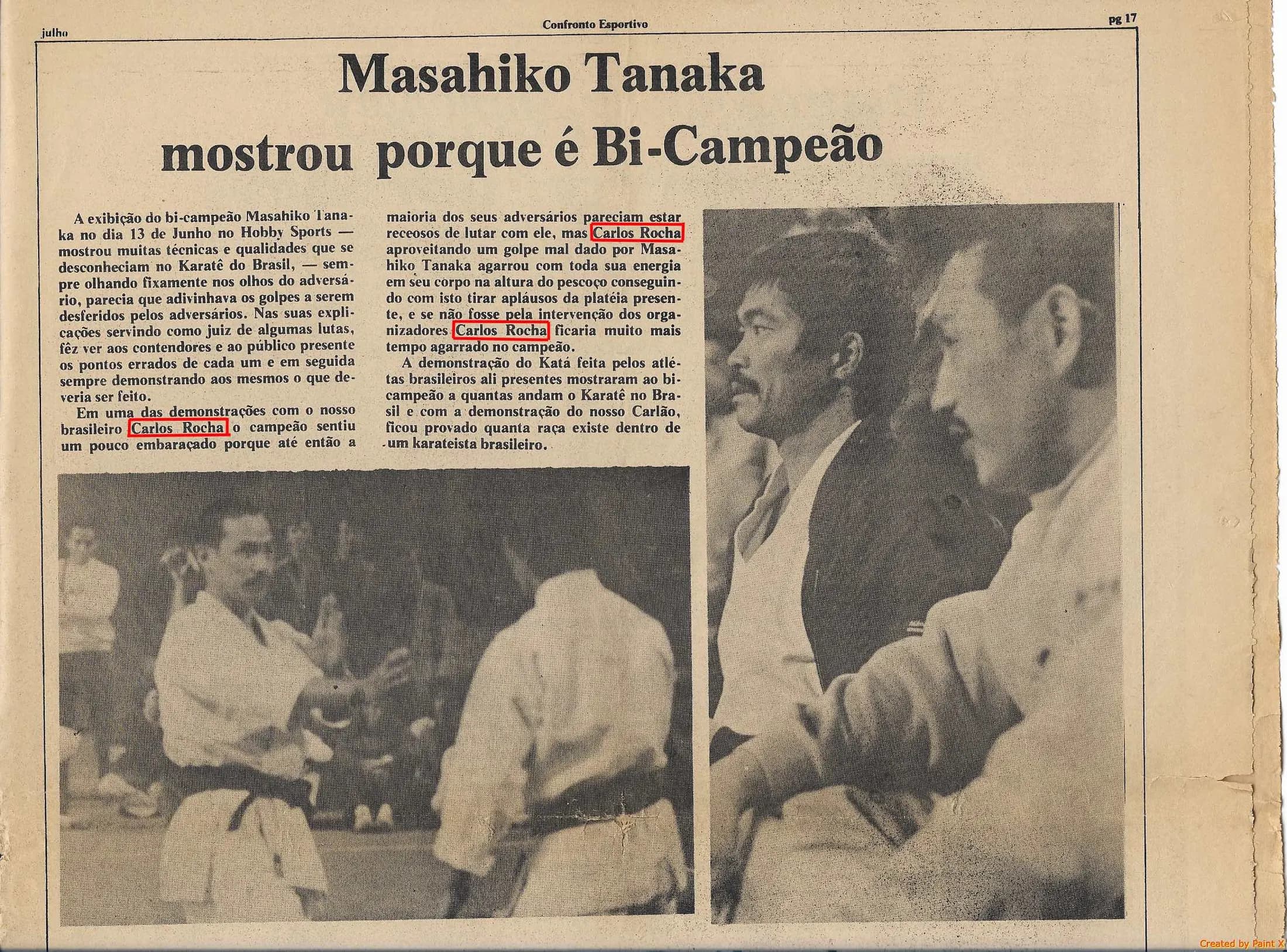 Página 17 do jornal Confronto Esportivo de julho de 1978 com a manchete Masahiko Tanaka mostrou porque é Bi-Campeão e o nome Carlos Rocha destacado