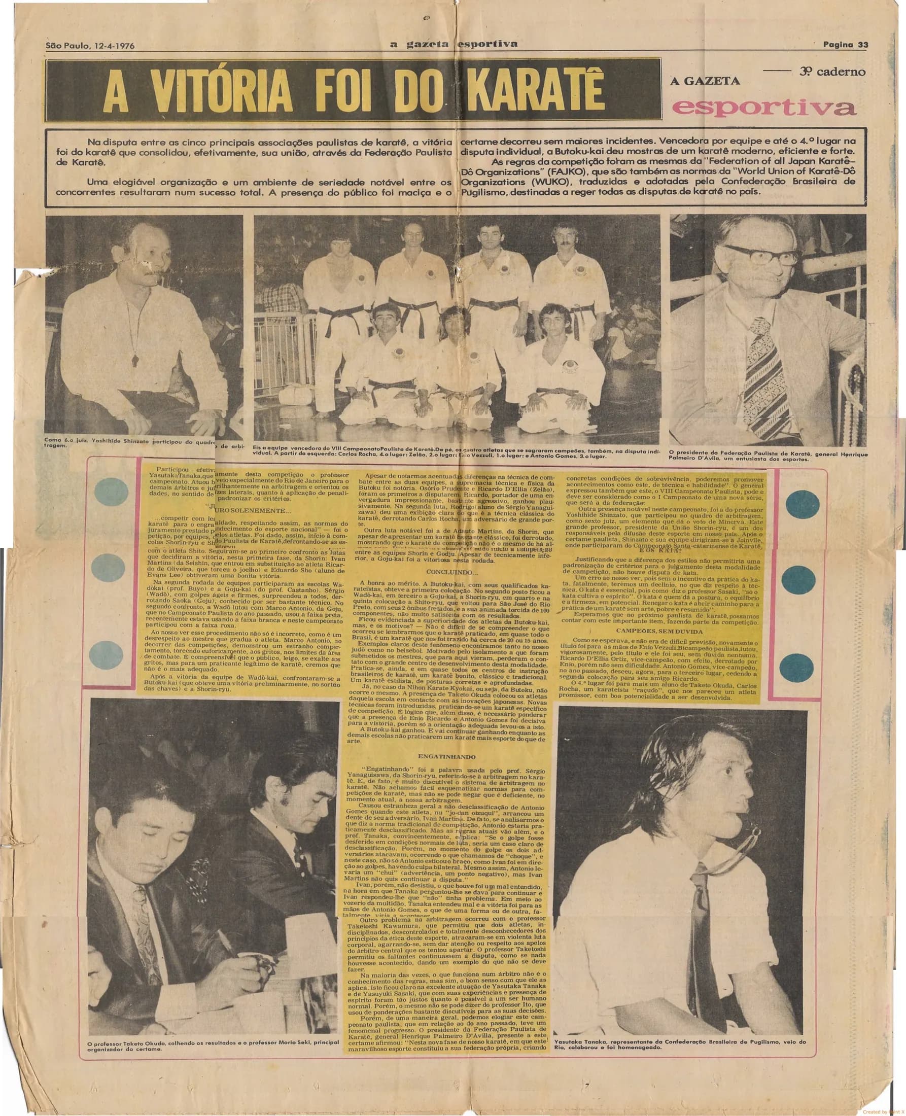 Página de A Gazeta Esportiva de 12 de abril de 1976 com a manchete A vitória foi do Karatê e fotos da equipe Butoku-kai
