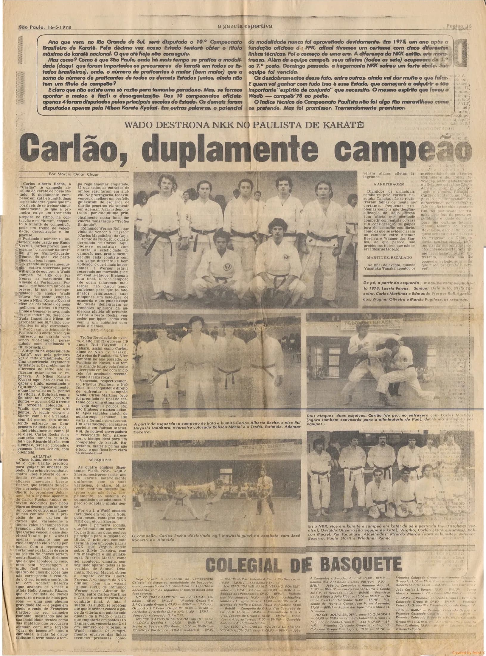 Página de A Gazeta Esportiva de 16 de maio de 1978 com a manchete Carlão, duplamente campeão e fotos do Campeonato Paulista de Karatê