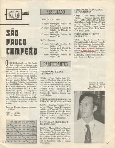 Página de revista com o título São Paulo campeão, resultados do Torneio Interestadual de Karatê de 1978 e o nome Carlos Rocha destacado na lista da Federação Paulista